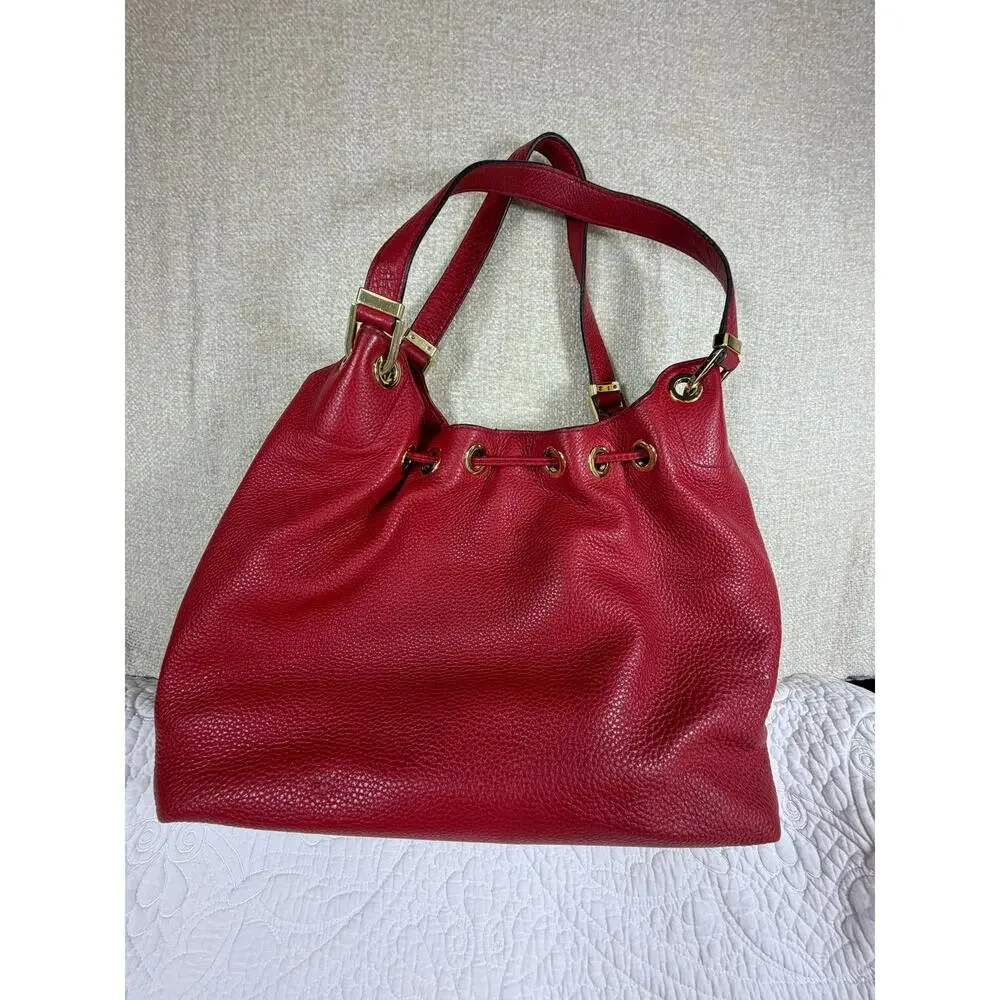 Michael Kors Women's Red Pebbled Leather Hobo Shoulder Handbag Purse Classic